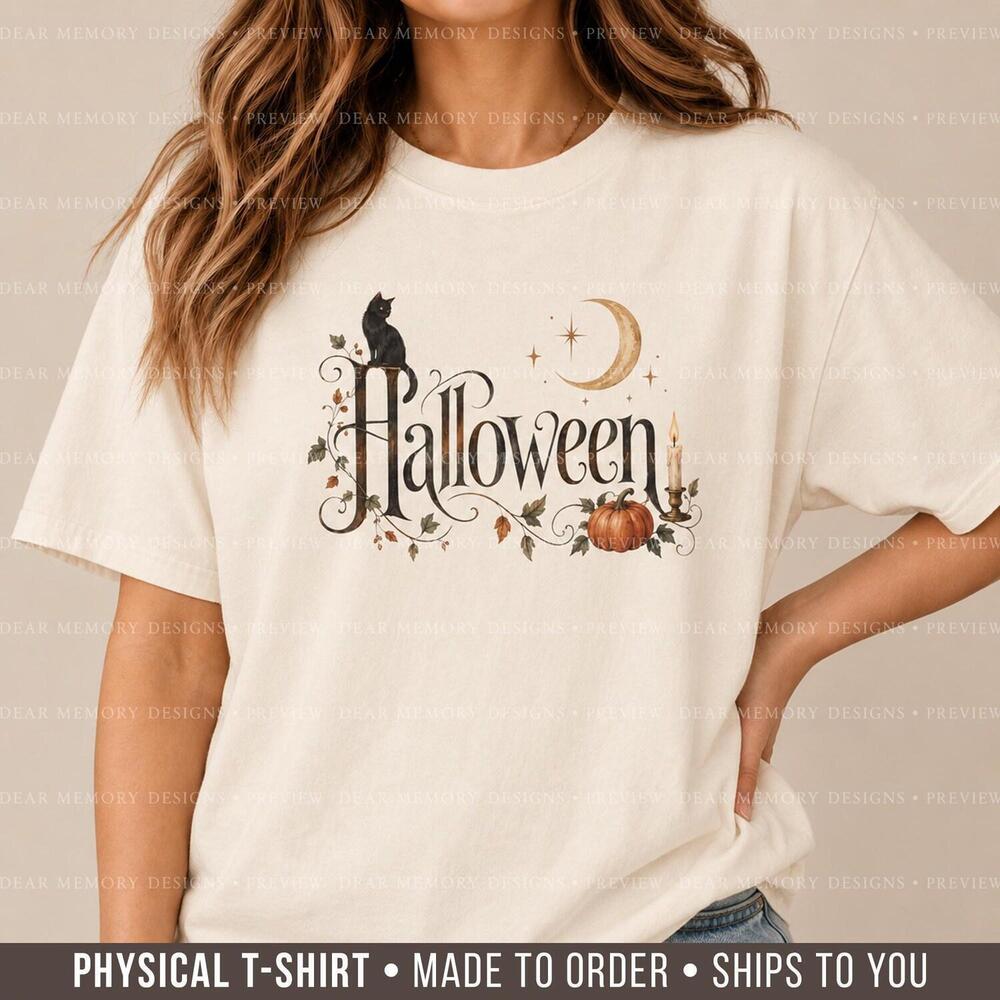 Halloween Shirt, Halloween Typography Tee, Black Cat Shirt